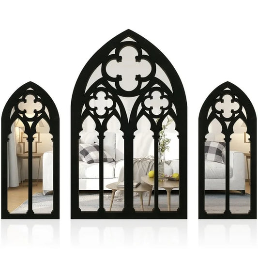 3Pcs Gothic Arch Mirrors Wall Decor Wall Mounted Goth Room Decor Indoor Accent Mirror Wood Framed Entry Mirror for Living Room Bathroom Bedroom